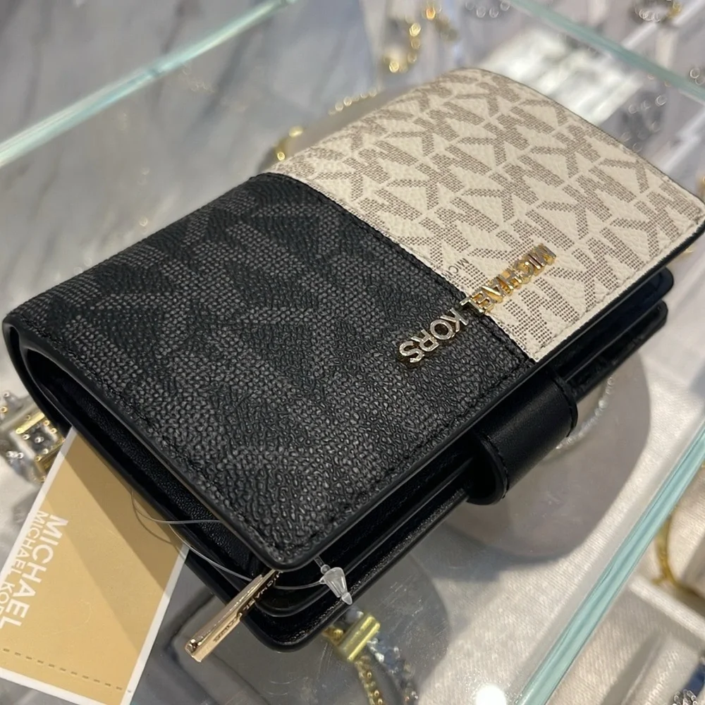 Michael Kors Jet Set Medium Two-Tone Logo Wallet BLACK COMBO NWT